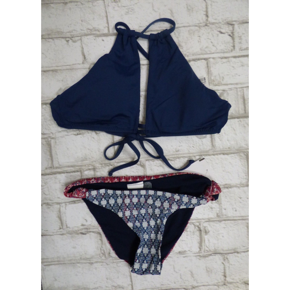 $128 Becca Rebecca Virtue Navy Blue Medium Top Printed Red Bikini Bottom S
